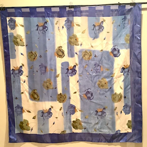 Blue and white floral scarf, 100% poly-acetate blend, 37.5 inches x 37 inches - Picture 9 of 9